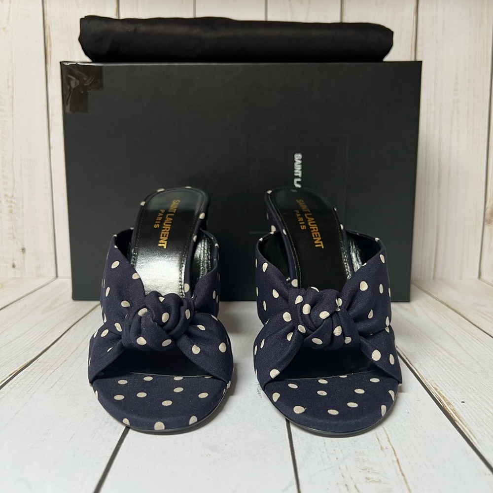 Saint Laurent Bianca 100 Polka Dot Satin Sandal Marine Navy/White Sz 37 / 7 - Picture 6 of 11